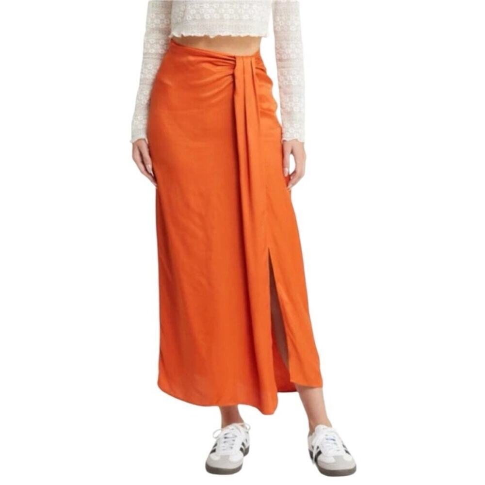 Topshop Orange Satin Wrap Midi Skirt Size 4 High Slit Vacation